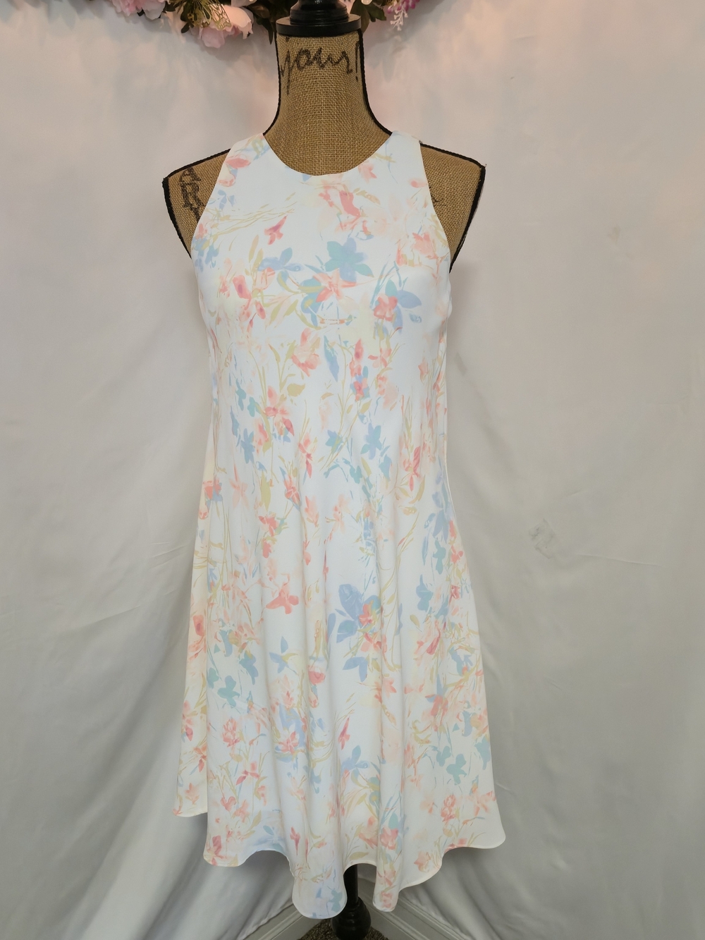 Ralph Lauren White Halter Floral Mini Dress with Pastel Blue & Pink